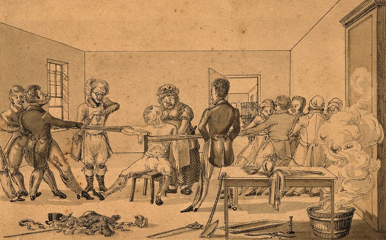 A surgeon supervising two groups of people pulling in opposite directions in order to cure a man with a shoulder dislocation. Pen drawing. Credit: Wellcome Collection.