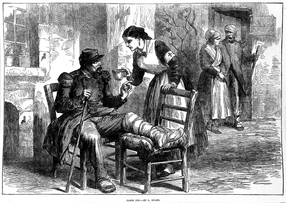 'Cared for': recuperating soldiers being nursed during the Crimean War. Wood engraving by L. Huard. (Wellcome Collection)